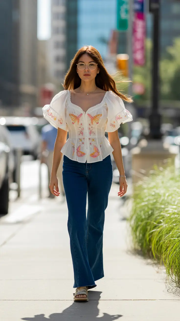 soft spring jeans outfit 2026 Whimsical Details with Dark Denim Ease