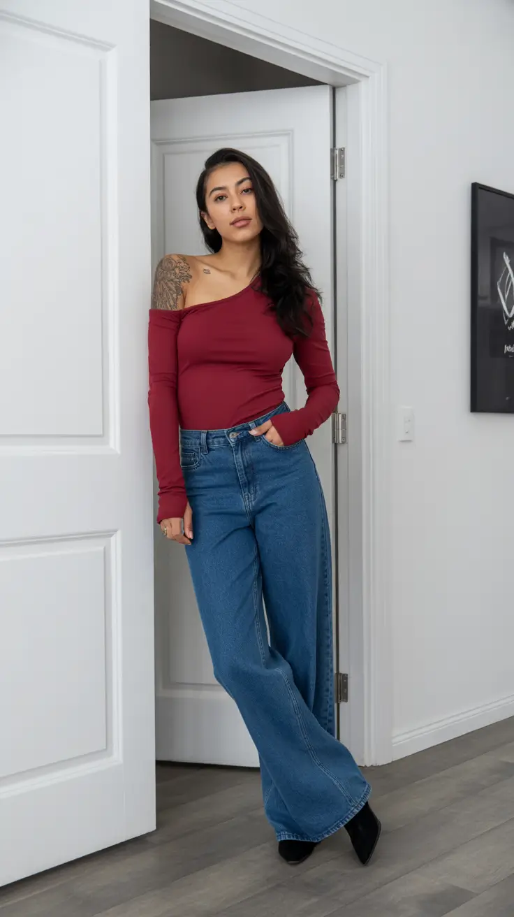 soft spring jeans outfit 2026 One-Shoulder Simplicity for Soft Spring Days