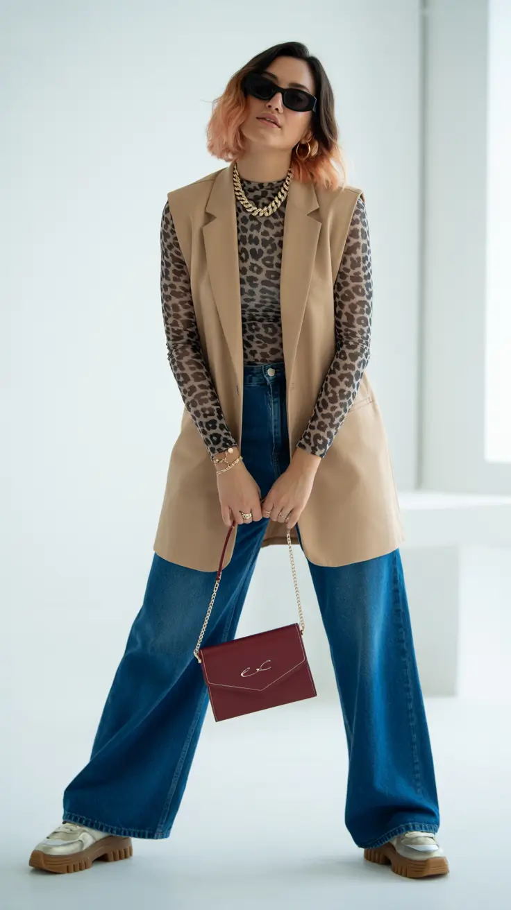 soft spring jeans outfit 2026 Layered Neutrals with a Wild Twist