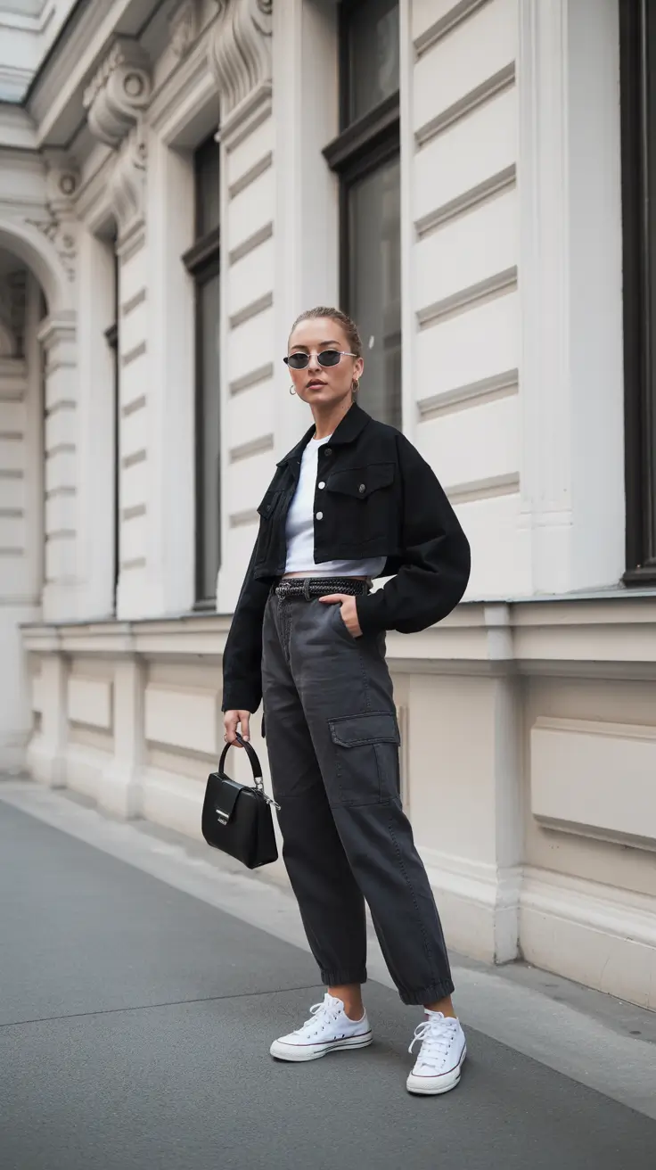 soft spring jeans outfit 2026 Urban Black and White with Cargo Ease