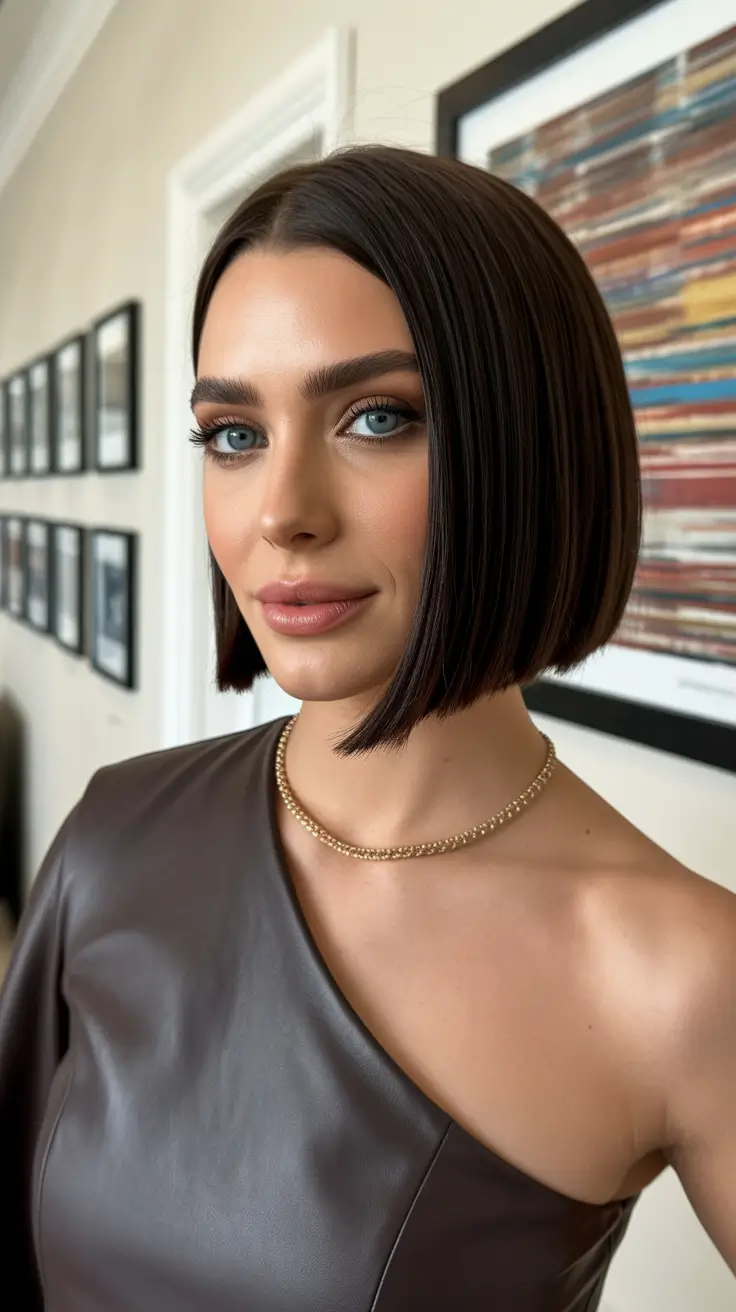 sophisticated spring bob haircut 2026 Glass Brunette Power Bob with Precision Edge