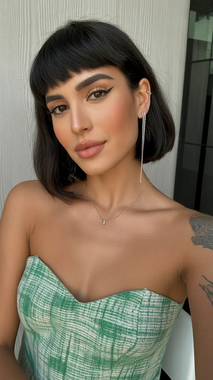 sophisticated spring bob haircut 2026 Structured Brunette Bob with Modern Micro Fringe