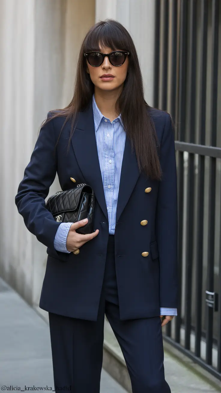 sophisticated spring business casual outfits 2026 Modern Navy Suiting With Sharp Contrast