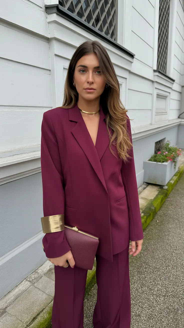 sophisticated spring business casual outfits 2026 Merlot Tailoring With Sculptural Gold Accents