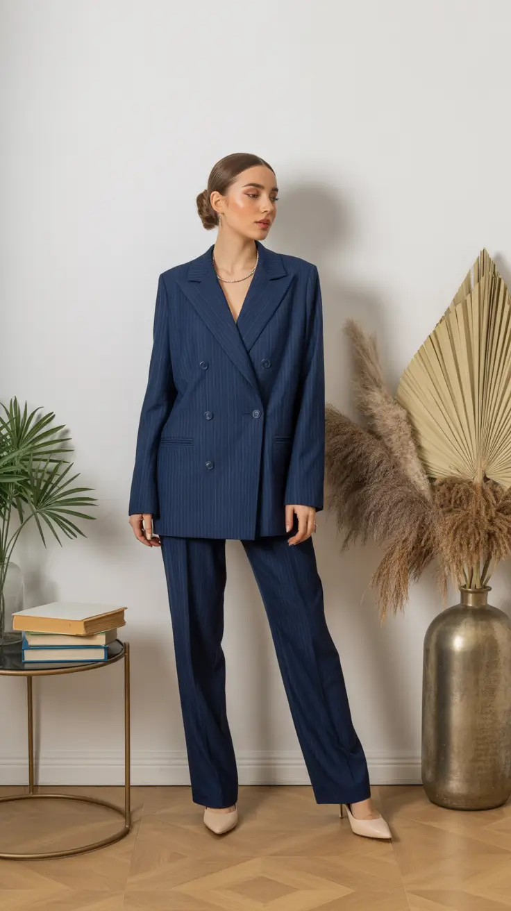 sophisticated spring business casual outfits 2026 Pinstripe Navy Suiting With Subtle Modern Refinement