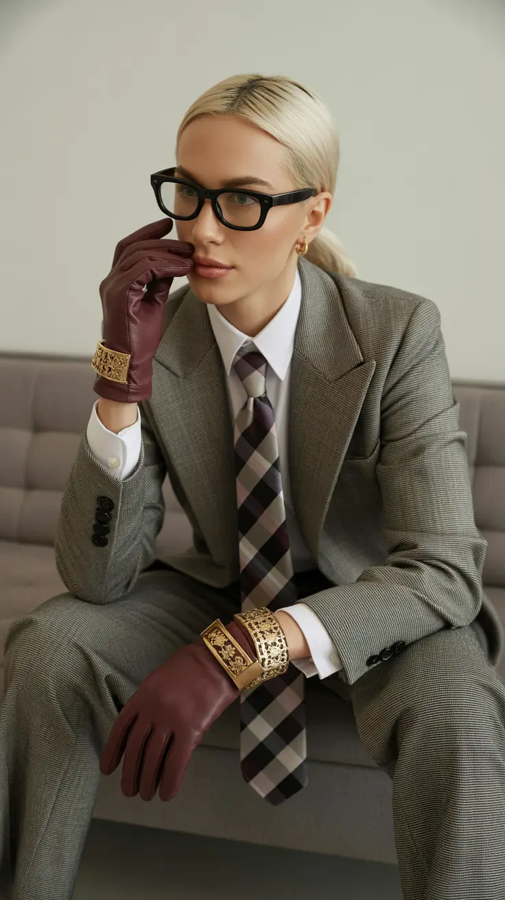 sophisticated spring business casual outfits 2026 Heritage Grey Suiting With Bold, Artistic Accessories