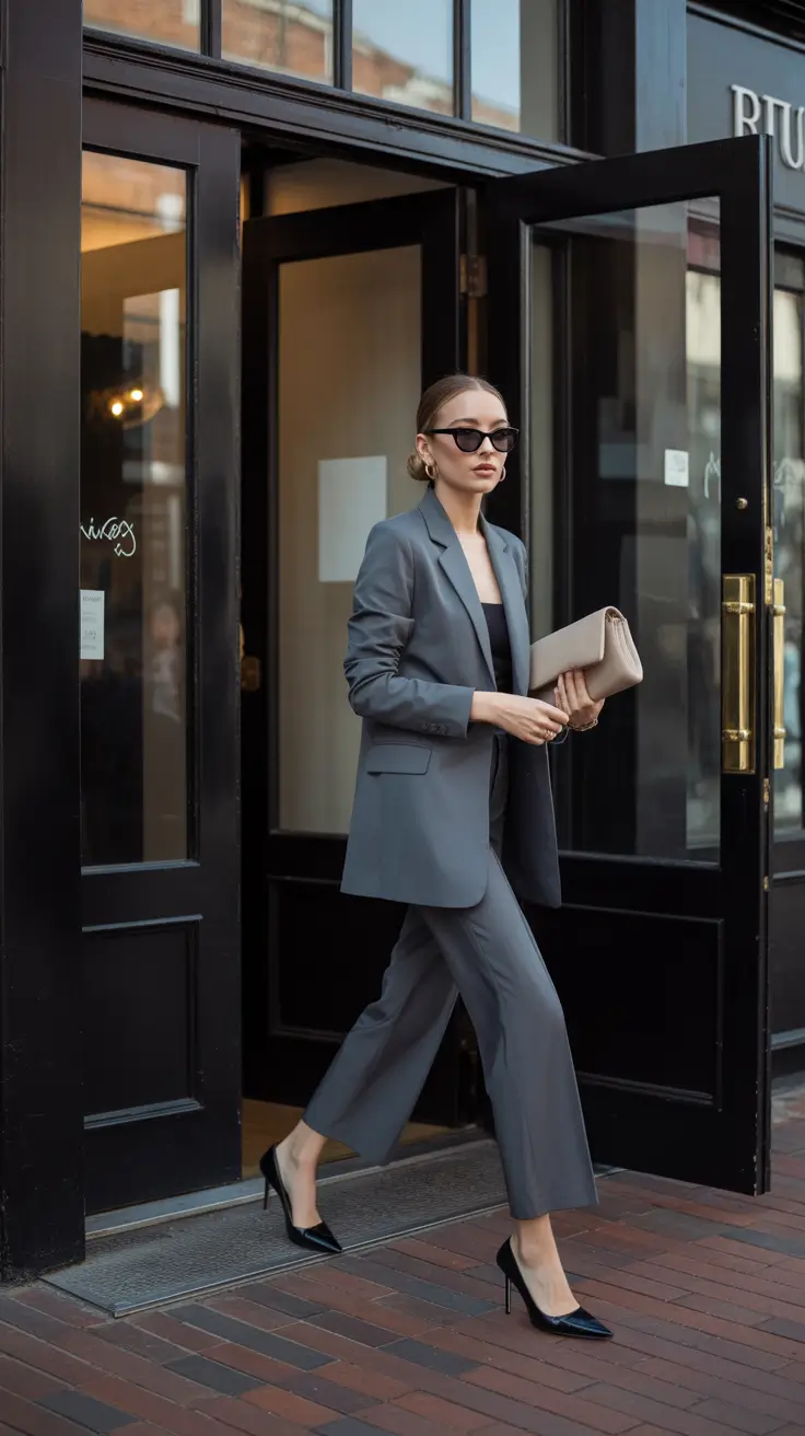 sophisticated spring business casual outfits 2026 Minimalist Slate Grey Suiting With Modern Movement