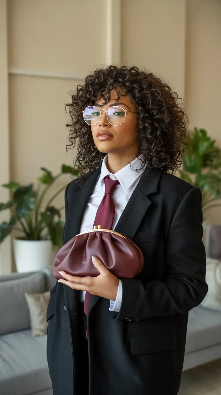 sophisticated spring business casual outfits 2026 Tailored Masculine-Feminine Balance With Wine Accents