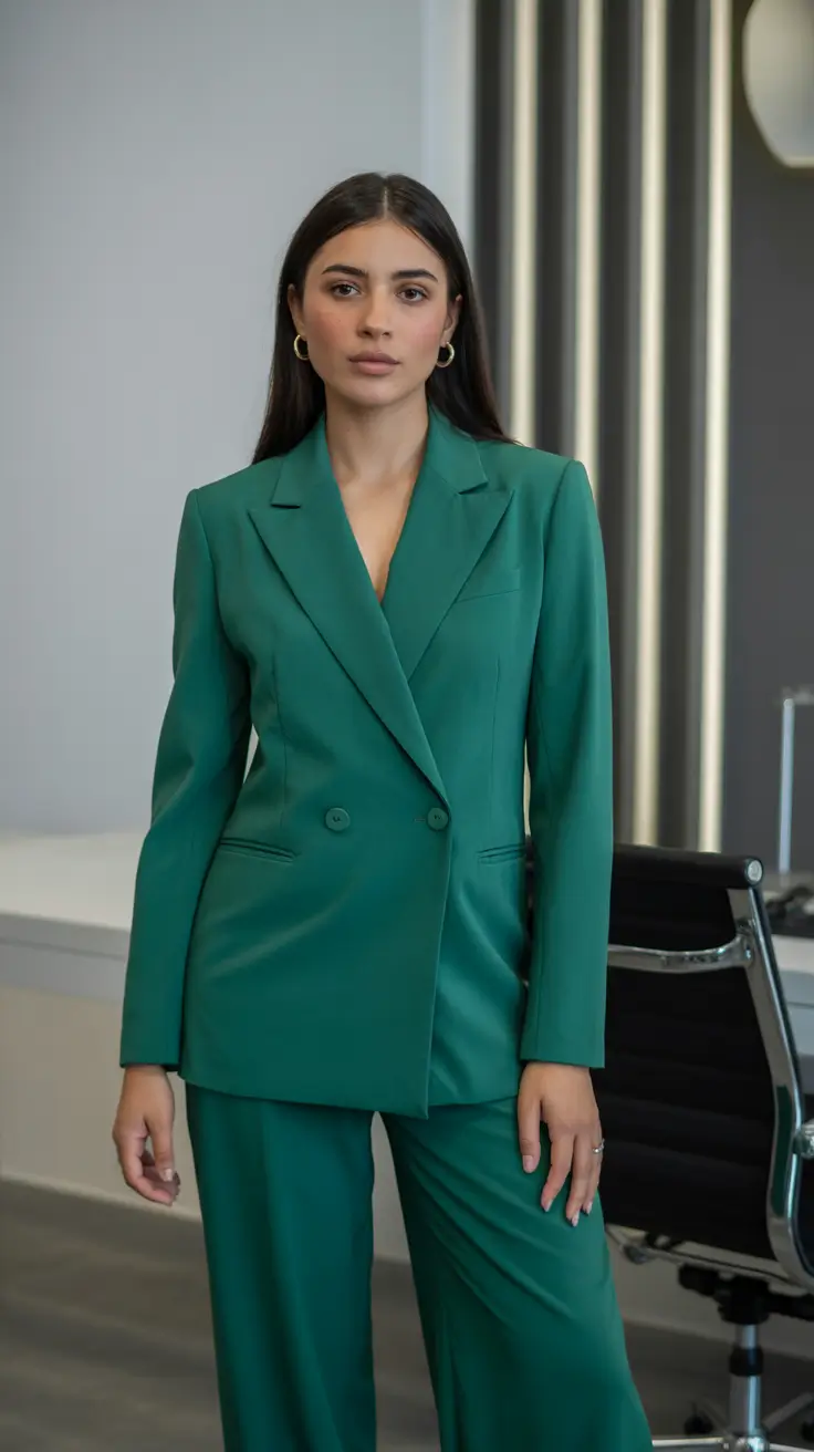 sophisticated spring business casual outfits 2026 Emerald Tailoring With Understated Modern Clarity