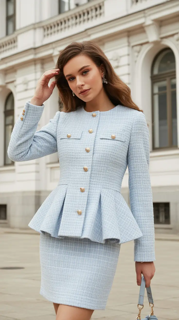 sophisticated spring business casual outfits 2026 Powder Blue Tweed With Refined Feminine Structure
