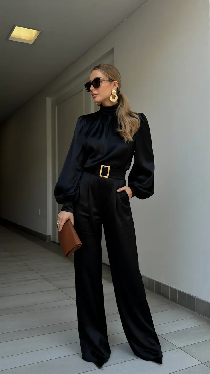 sophisticated spring business casual outfits 2026 All-Black Luxe Minimalism With Bold Accessories