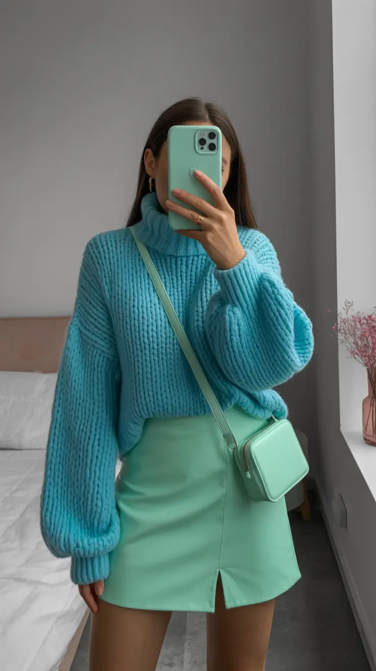 trendy spring mini skirt outfits 2026 Soft Mint Layers and Cozy Spring Textures