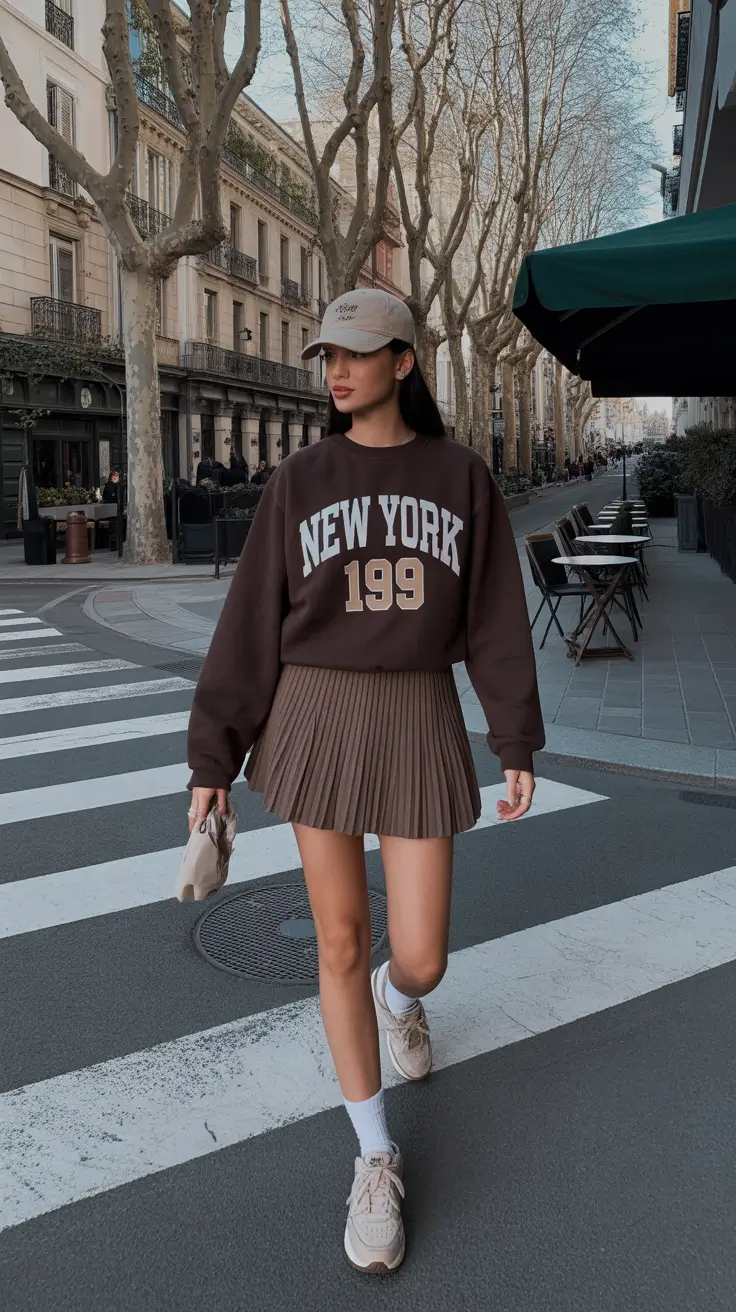 trendy spring mini skirt outfits 2026 Neutral Street Style With a Pleated Twist