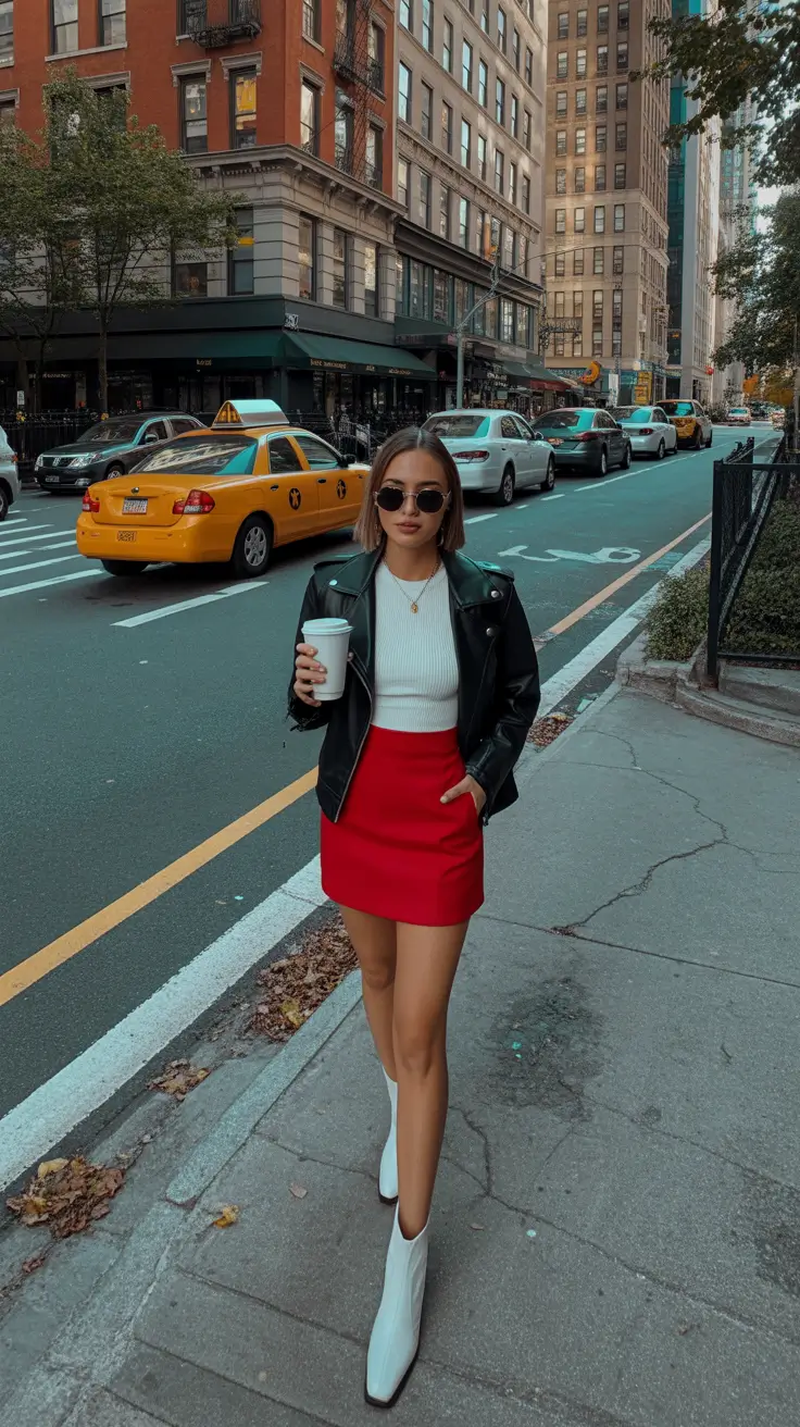 trendy spring mini skirt outfits 2026 Bold City Energy With Red and Leather
