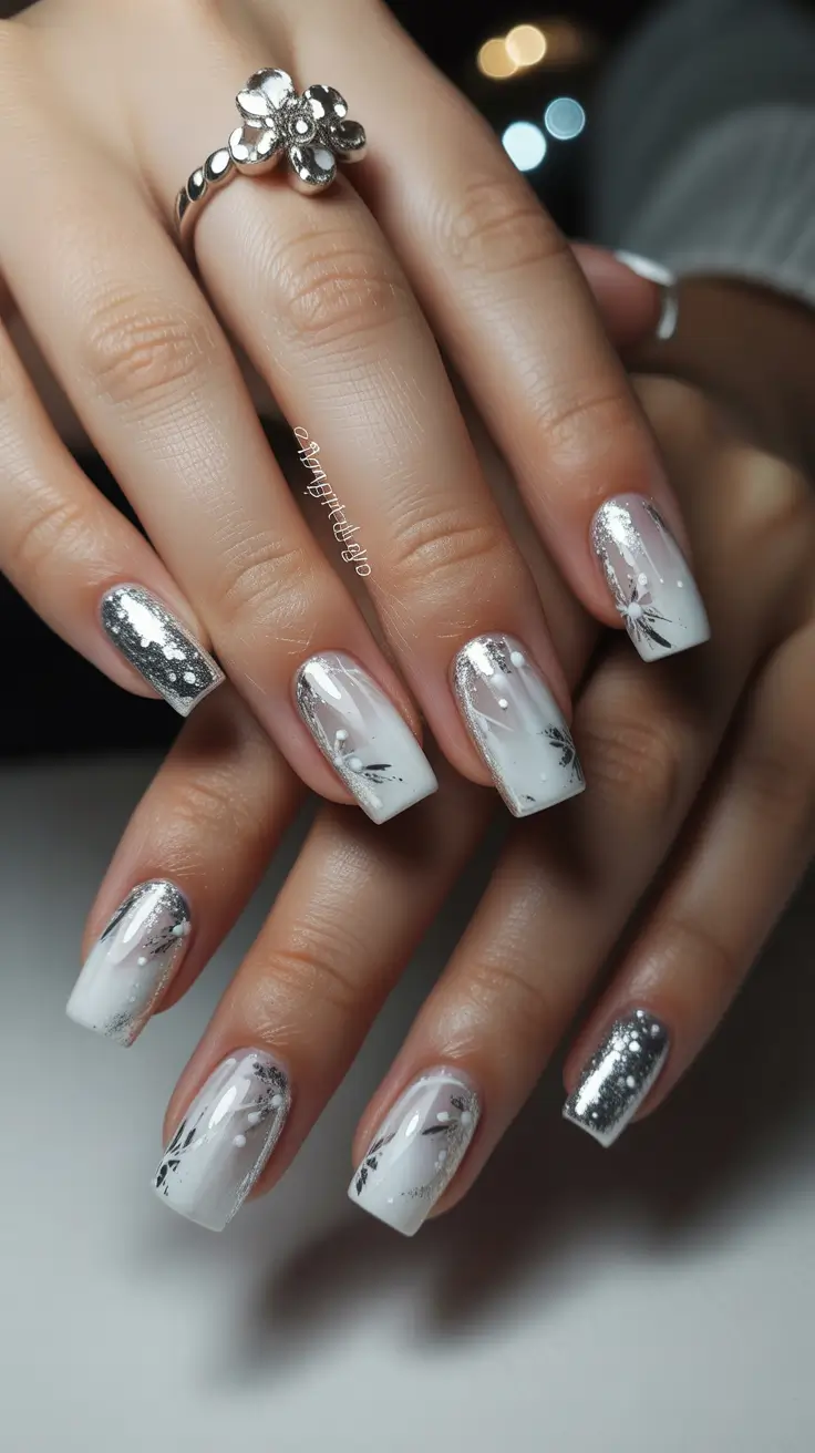 trendy spring nails designs 2026 Silver-White Square Elegance With Soft Detailing