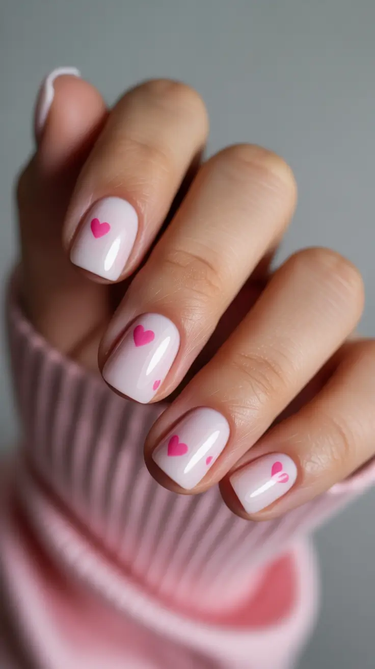trendy spring nails designs 2026 Soft Pink Hearts on a Sweet Short Base