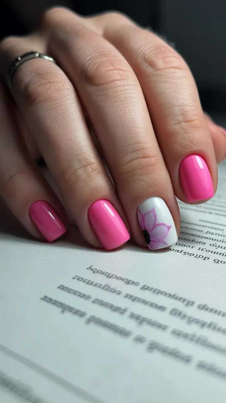 trendy spring nails designs 2026 Pink Petal Accent on Short Square Spring Nails