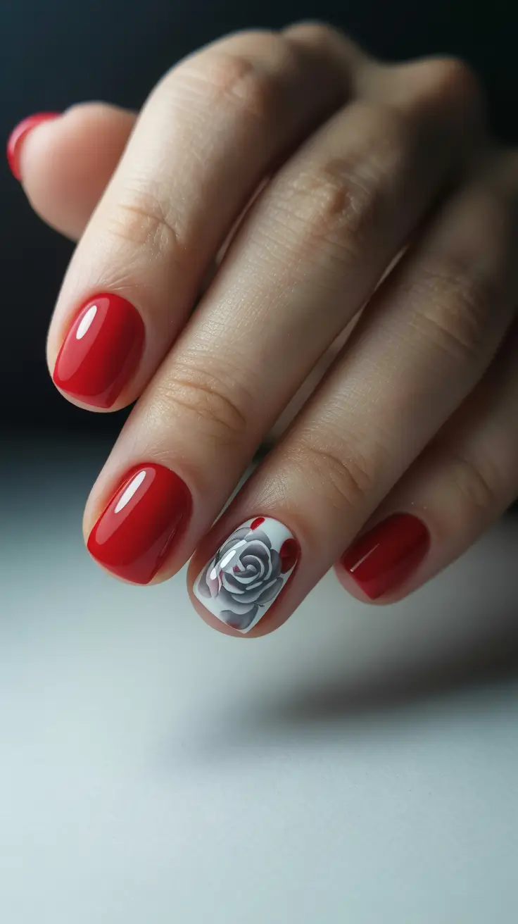 trendy spring nails designs 2026 Red Gloss With Sculpted Rose Accent