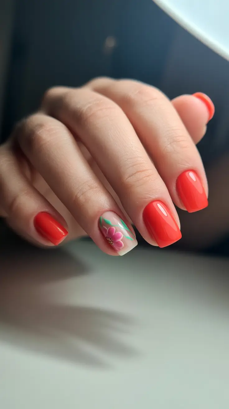 trendy spring nails designs 2026 Coral Blossoms on a Bright Short Base