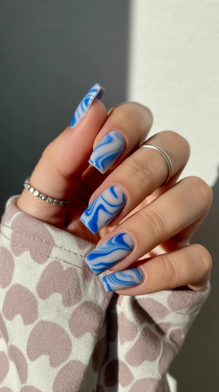 trendy spring nails designs 2026 Blue Swirl Square Marble With Spring Airiness