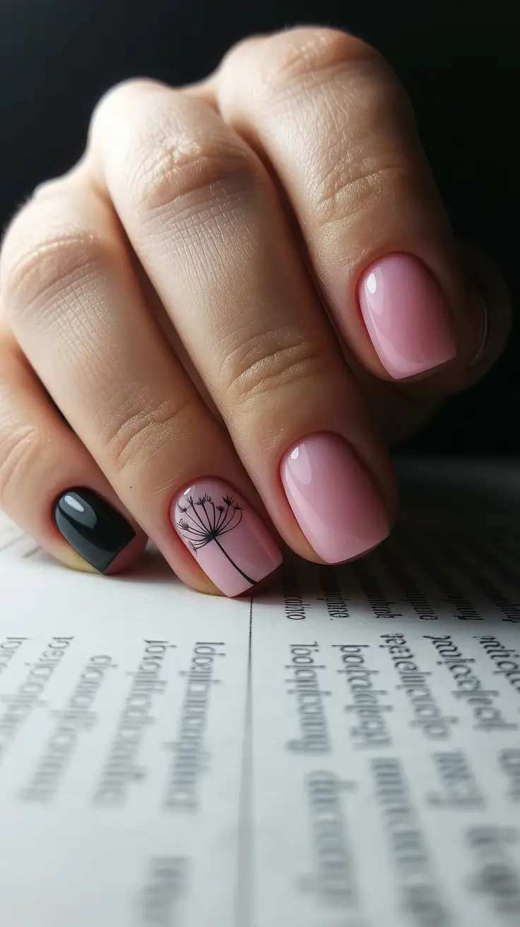 trendy spring nails designs 2026 Soft Pink Dandelion With a Chic Black Accent