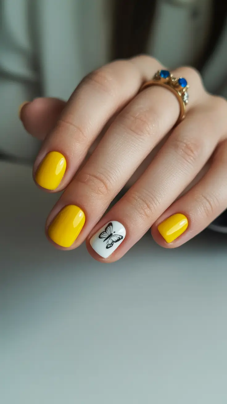 trendy spring nails designs 2026 Sunshine Yellow With Minimalist Butterfly Accent
