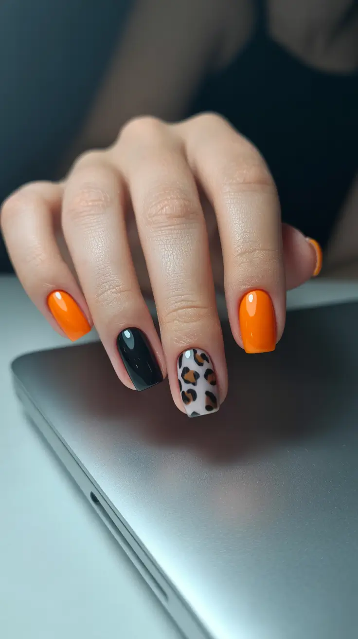 trendy spring nails designs 2026 Orange & Black With Leopard Accent