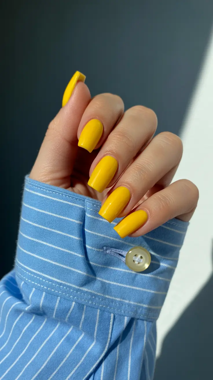 trendy spring nails designs 2026 Sunny Yellow Long Square