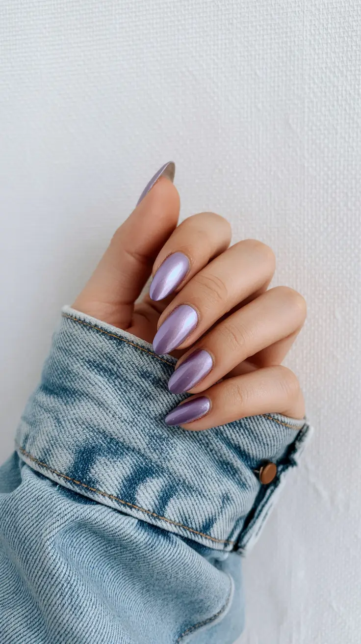 trendy spring nails designs 2026 Iridescent Purple Almond Glow