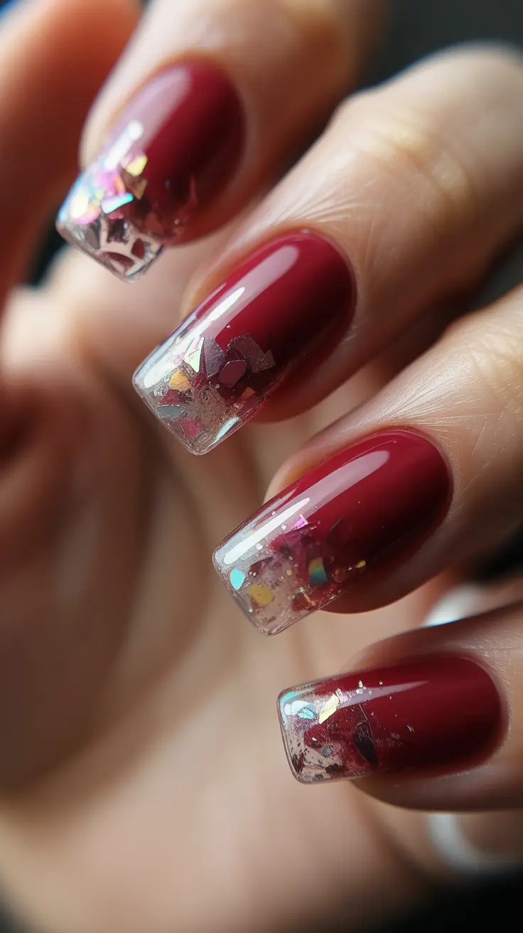 trendy spring nails designs 2026 Burgundy Gloss With Crushed Glass Tips