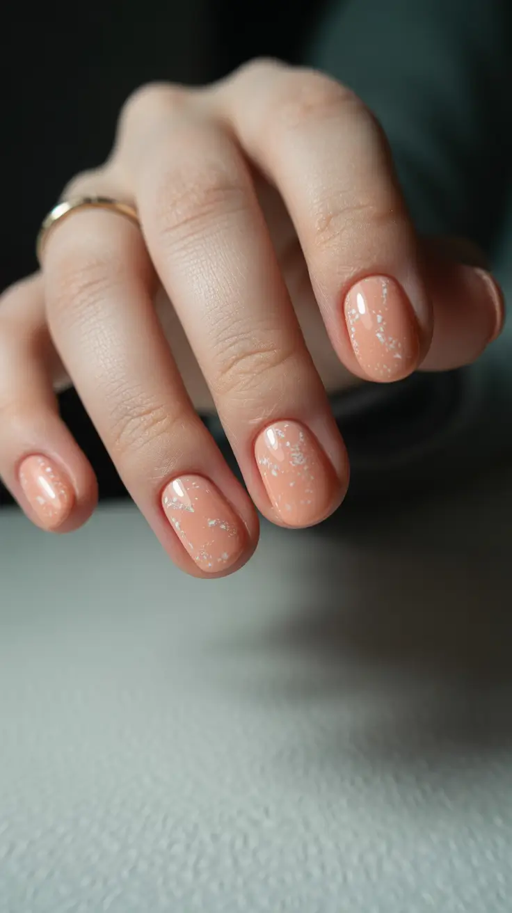 trendy spring nails designs 2026 Soft Peach Short With Spring Sparkle