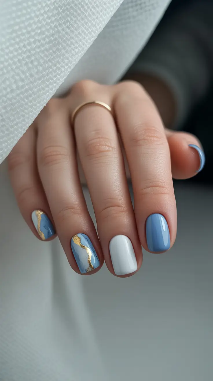 trendy spring nails designs 2026 Blue-White Short Square With Gold Accents