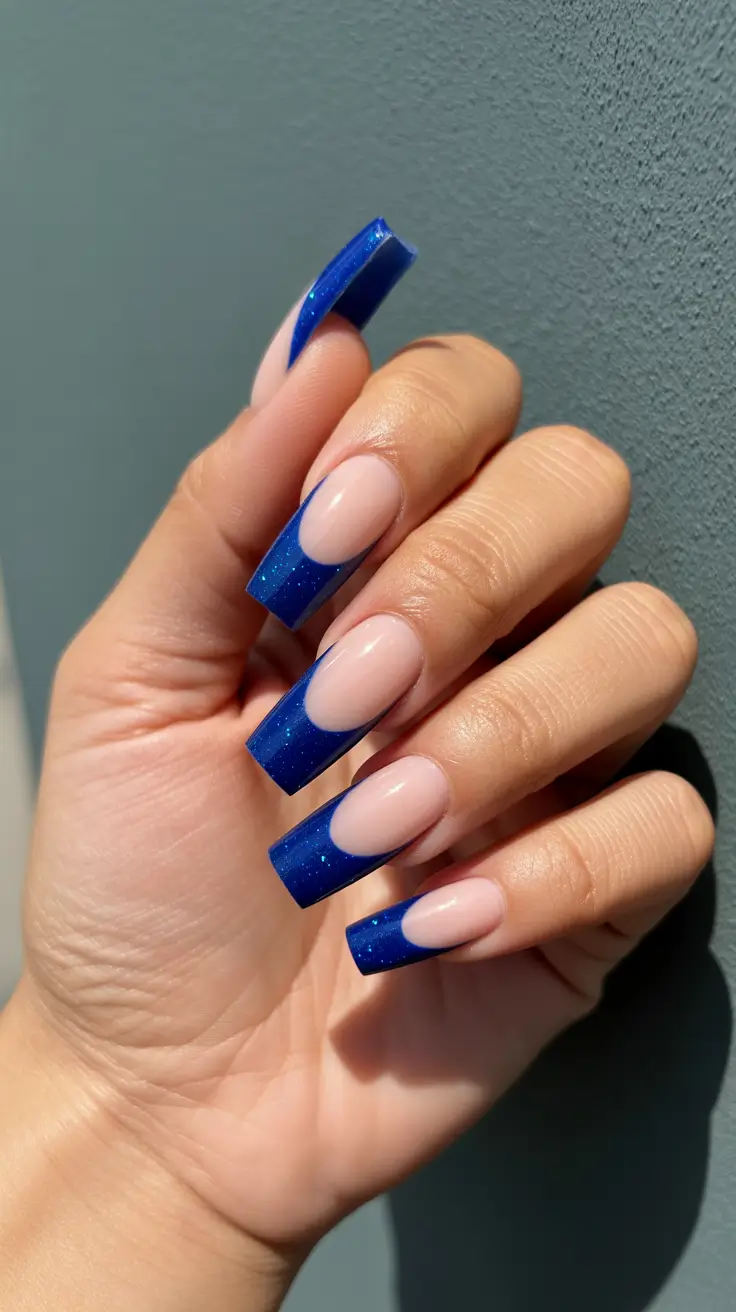 trendy spring nails designs 2026 Electric Blue Long Square French