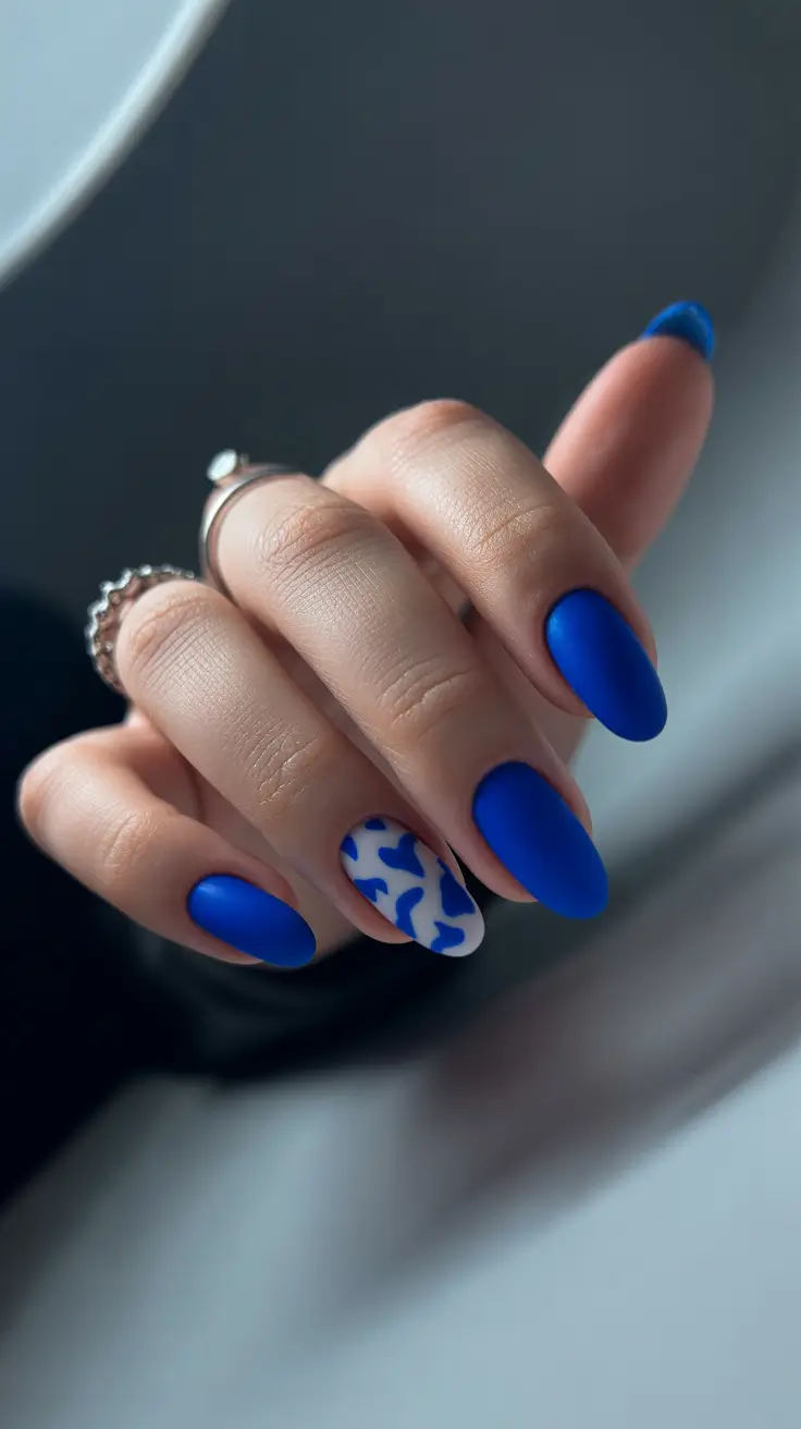 trendy spring nails designs 2026 Matte Cobalt Almond With Playful Blue Shapes