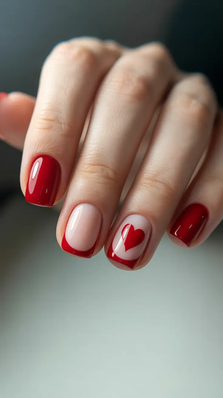 trendy spring nails designs 2026 Red French Heart Short Square