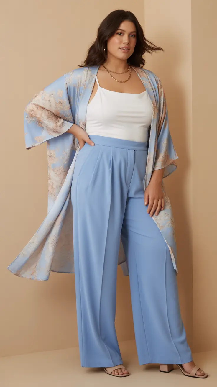 vibrant plus size spring outfits 2026 Pastel Blue Flow With Soft Tailoring