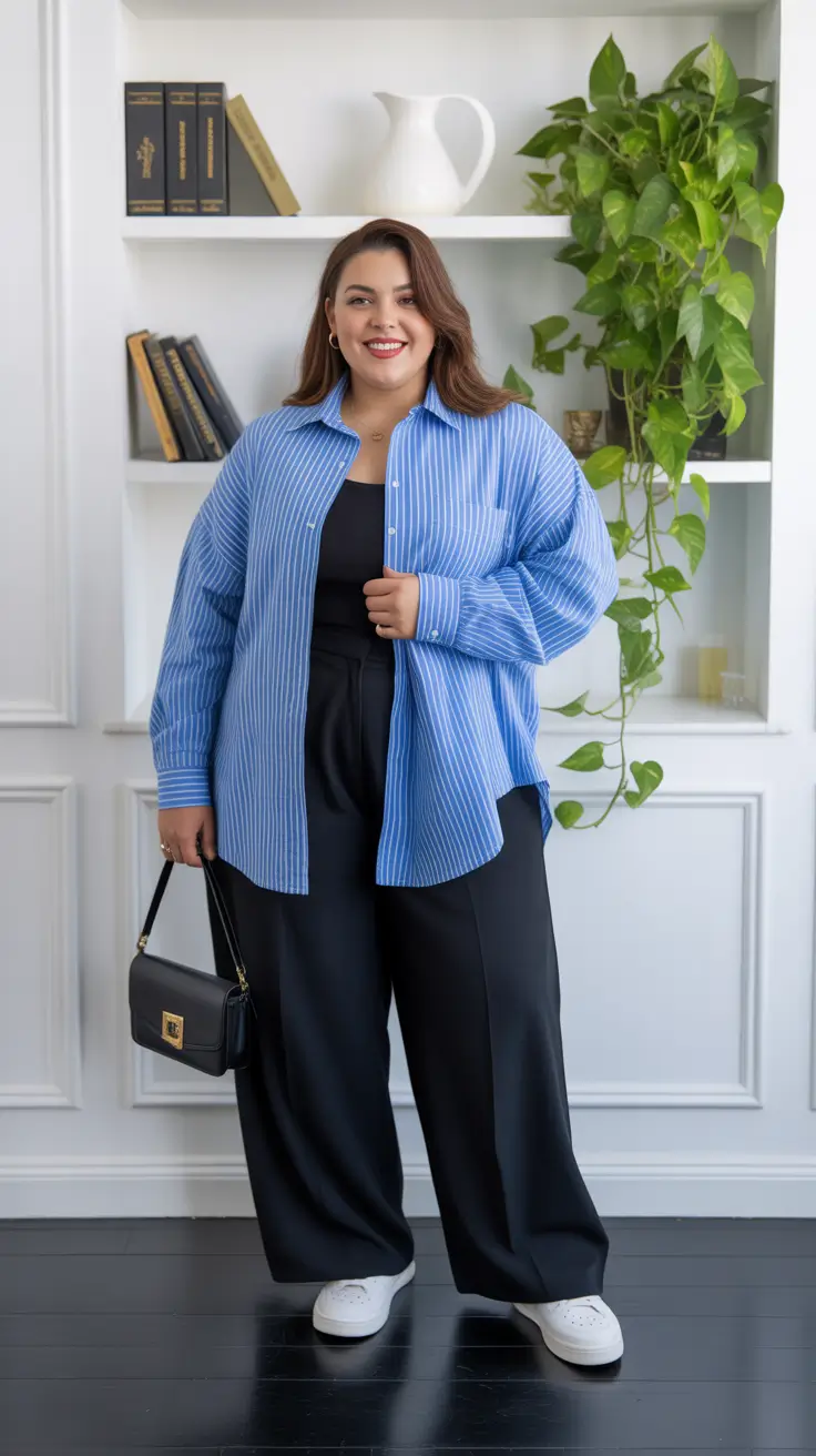 vibrant plus size spring outfits 2026 Blue Stripes and Soft Authority