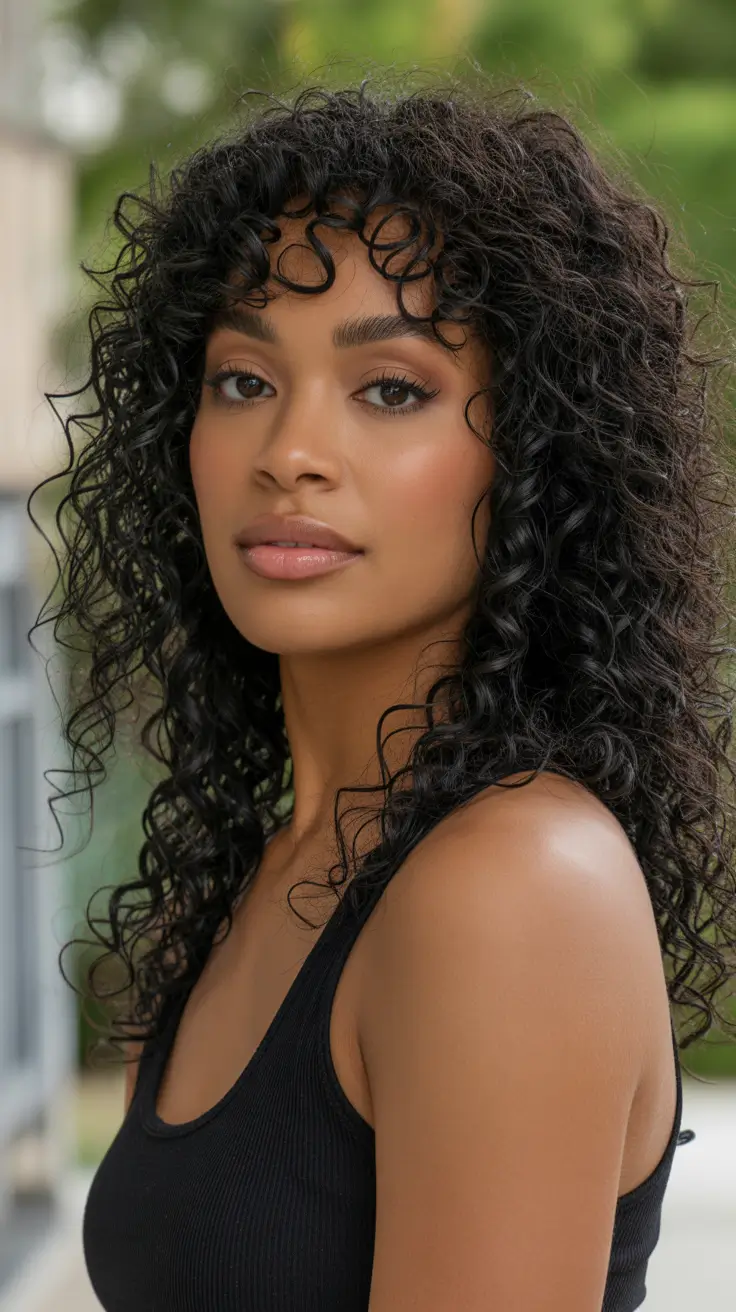 warm spring hair color for dark skin 2026 Soft Espresso Curls with Whisper Bangs