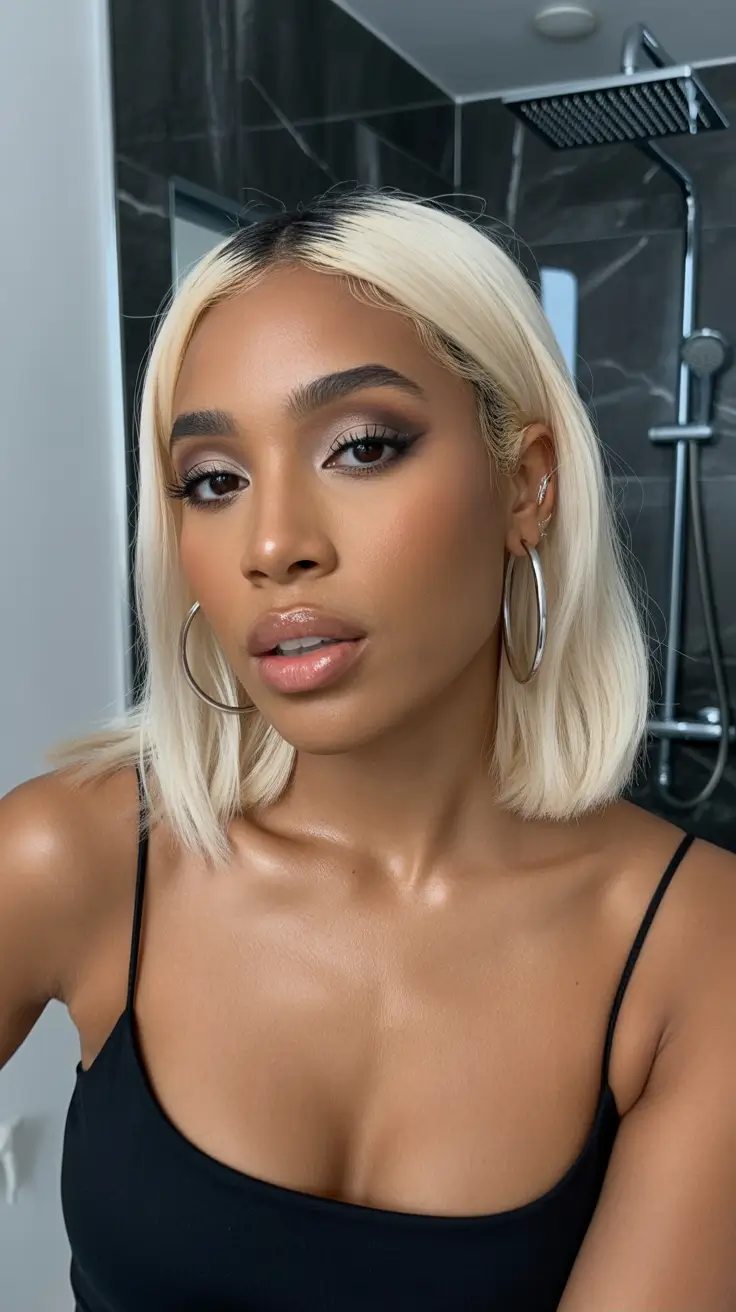 warm spring hair color for dark skin 2026 Champagne Blonde Blunt Cut