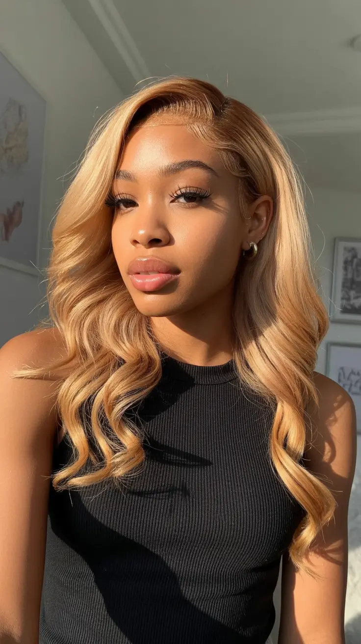 warm spring hair color for dark skin 2026 Golden Butter Soft Glam Waves