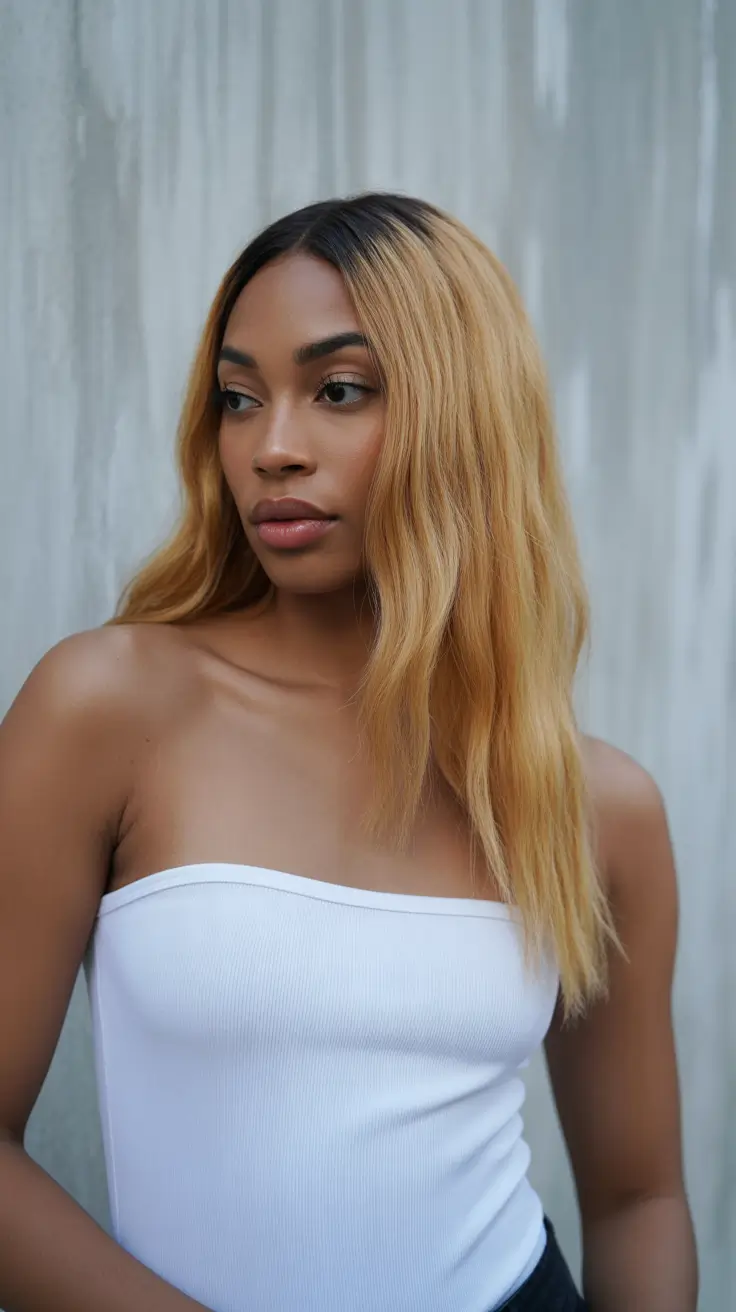 warm spring hair color for dark skin 2026 Rooted Wheat Blonde Straight Layers