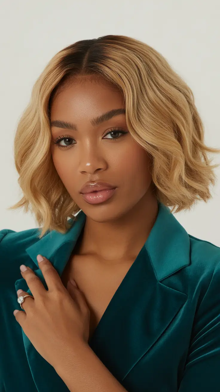 warm spring hair color for dark skin 2026 Champagne Beige Textured Bob