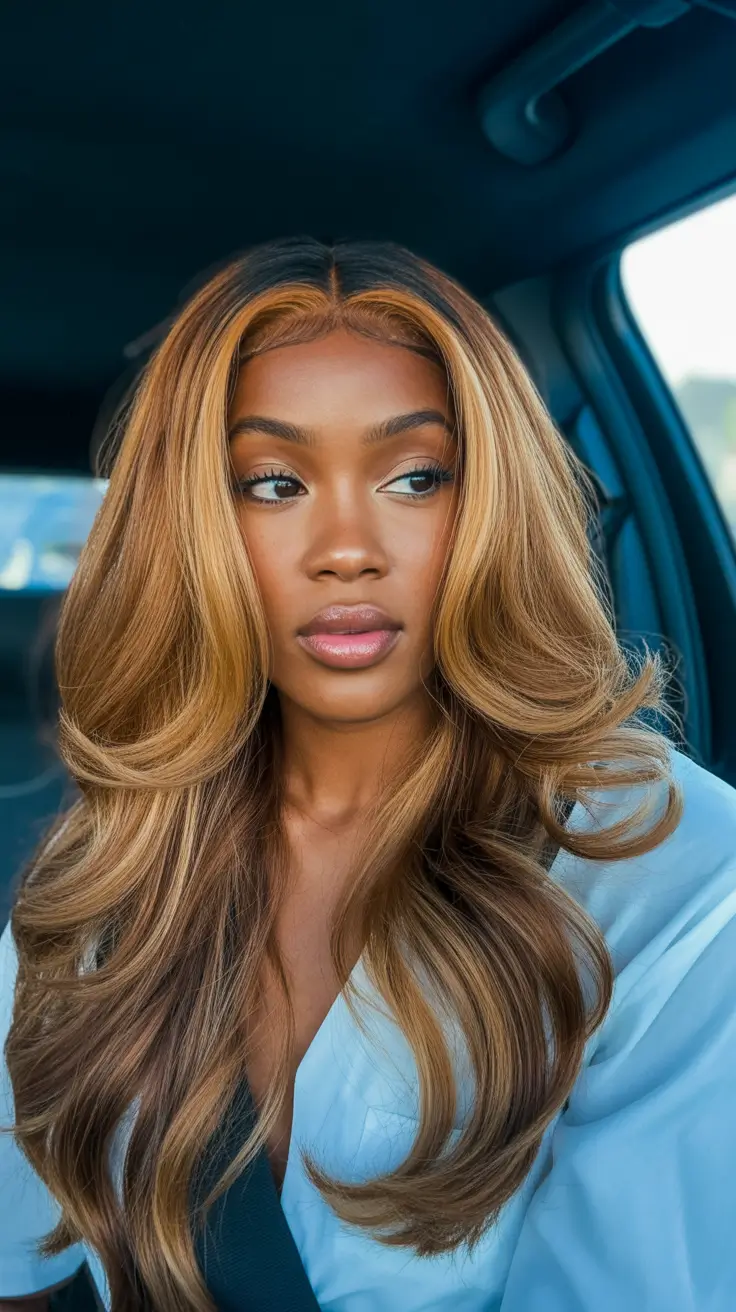 warm spring hair color for dark skin 2026 Golden Honey Layered Blowout