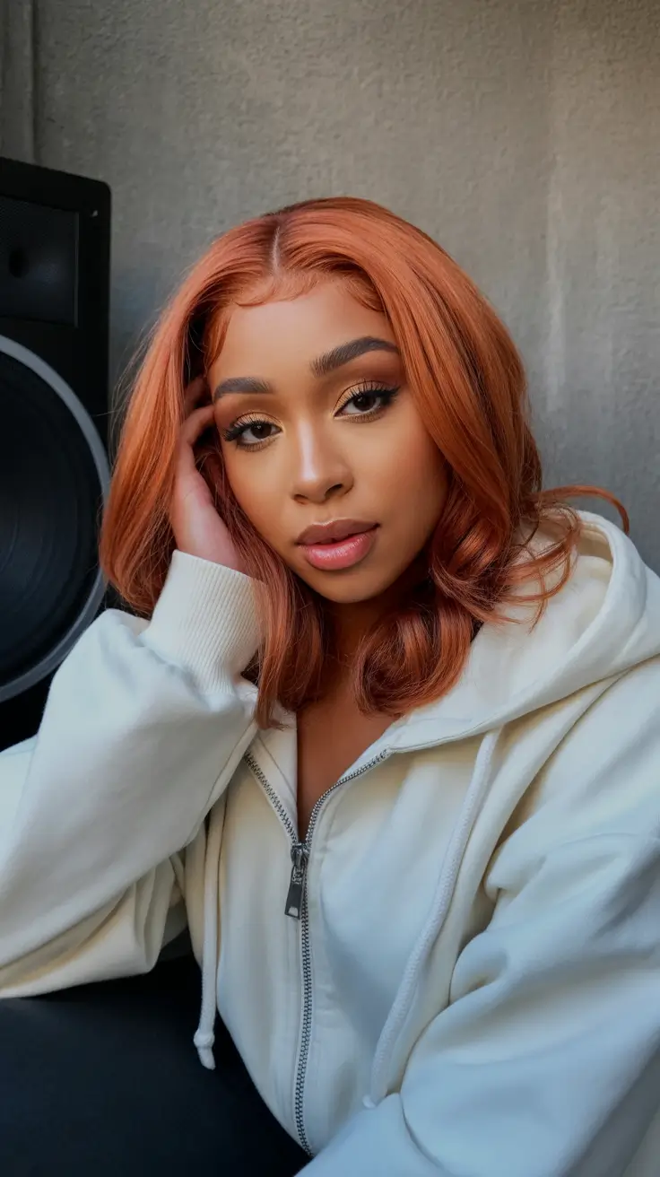 warm spring hair color for dark skin 2026 Burnished Copper Midi Cut