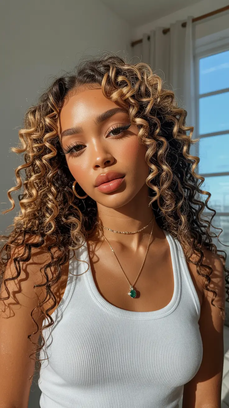 warm spring hair color for dark skin 2026 Caramel Ribbon Defined Curls