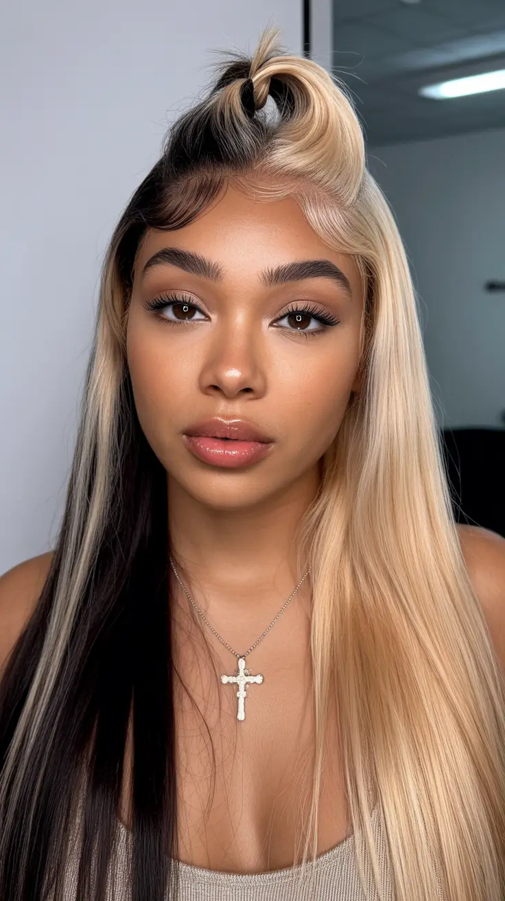 warm spring hair color for dark skin 2026 Vanilla Blonde Split Contrast