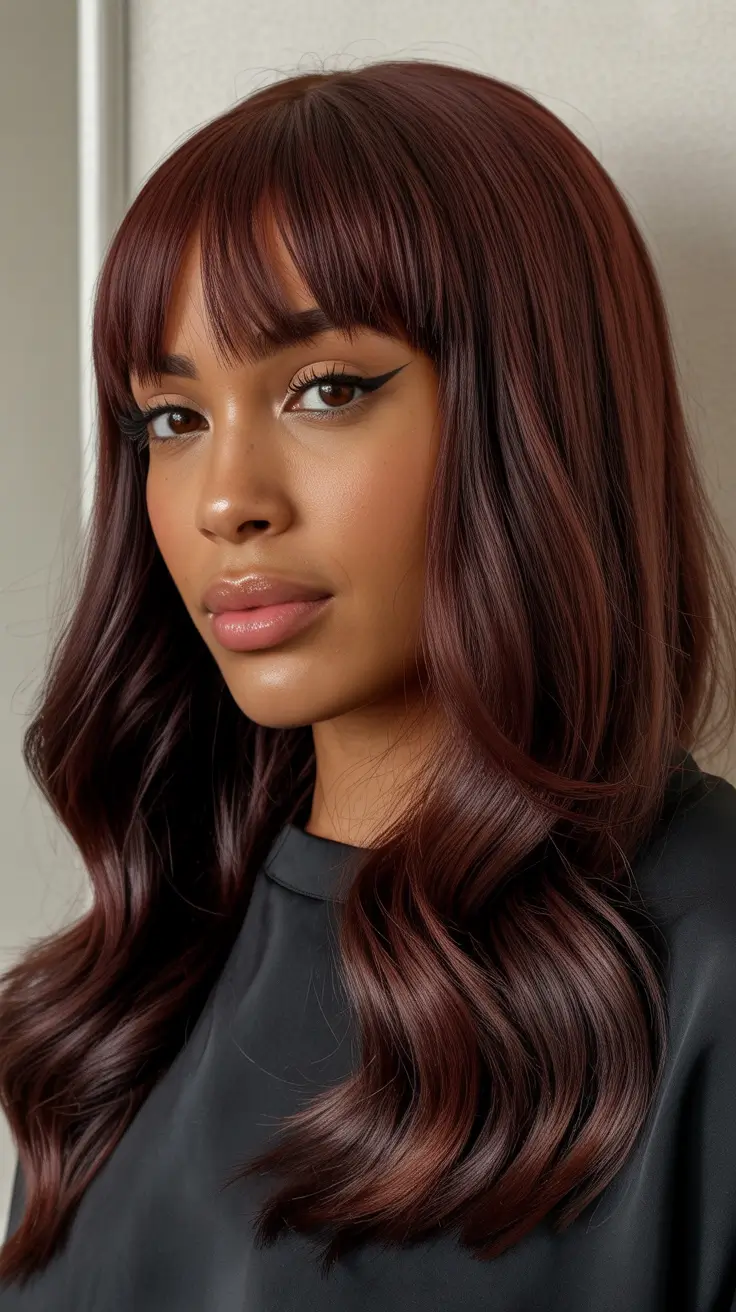 warm spring hair color for dark skin 2026 Rich Mahogany Layers with Soft Fringe