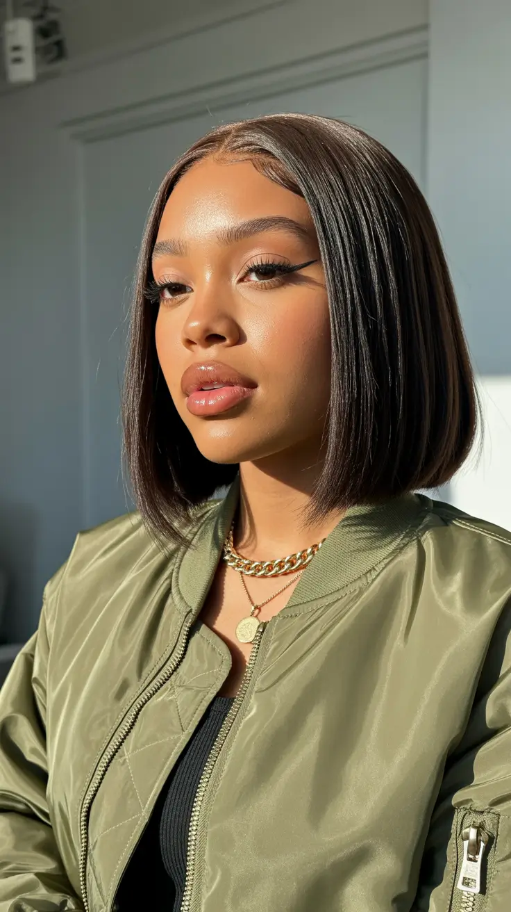 warm spring hair color for dark skin 2026 Glossed Espresso Precision Bob