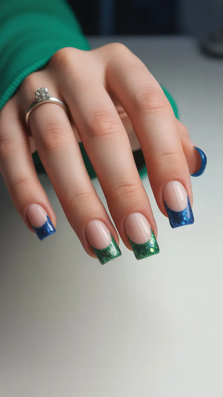 beach spring vacation nails 2026 Shimmering Blue-Green French Tips for a Playful Coastal Mood