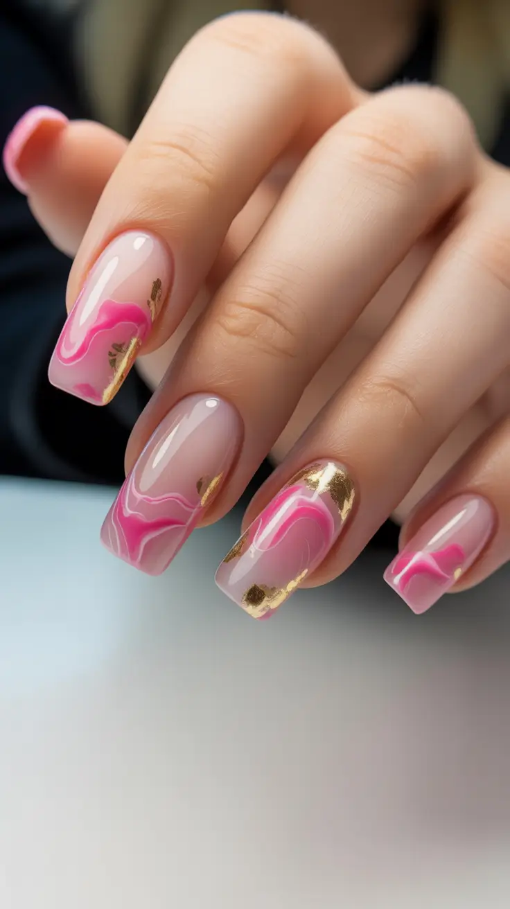 beach spring vacation nails 2026 Glossy Pink Marble Square Nails with Gold Foil Vacation Glow